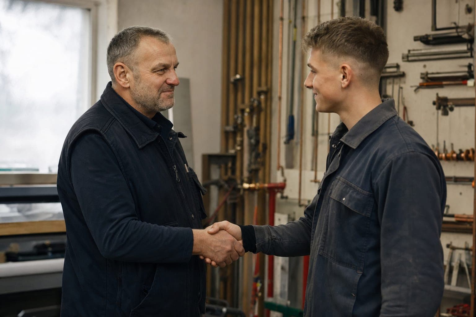 Handschlag zwischen zwei Handwerkern in der Werkstatt